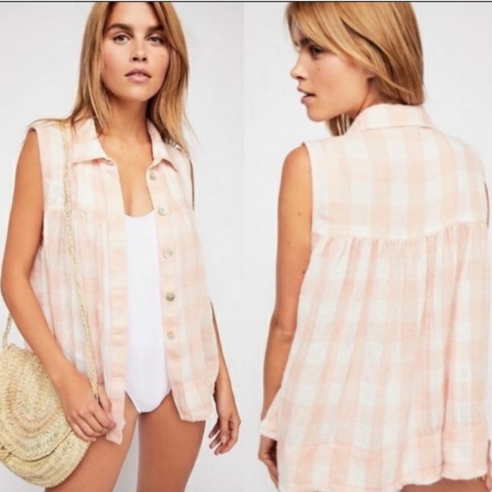 Free People Hey There Sunshine Breezy Gauzy Plaid Checkered Sleeveless Top L